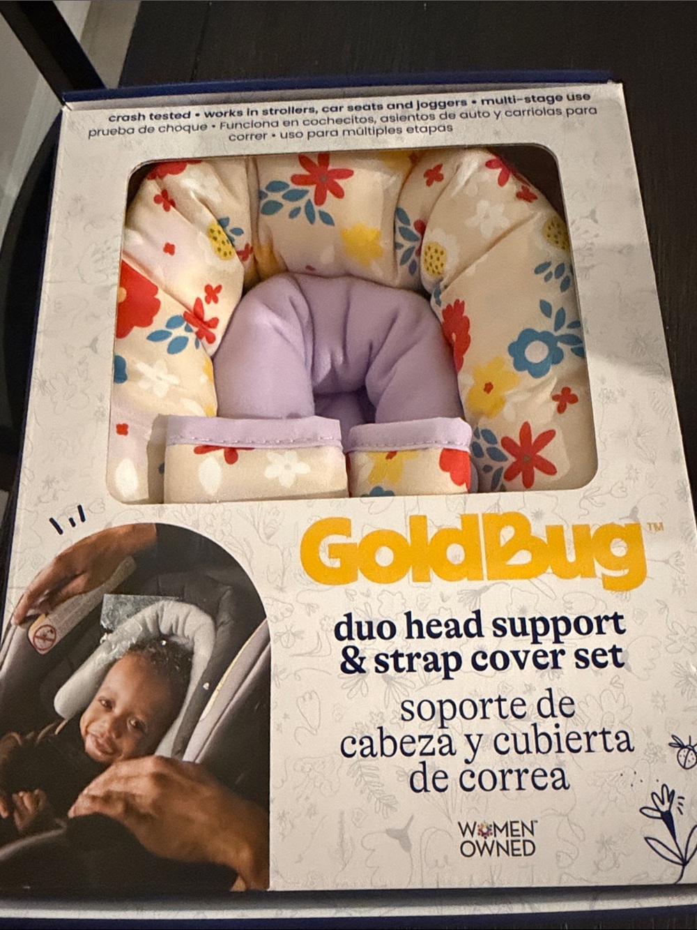 GoldBug Floral Duo Head Support & Strap Cover Set in Cream with Lavender